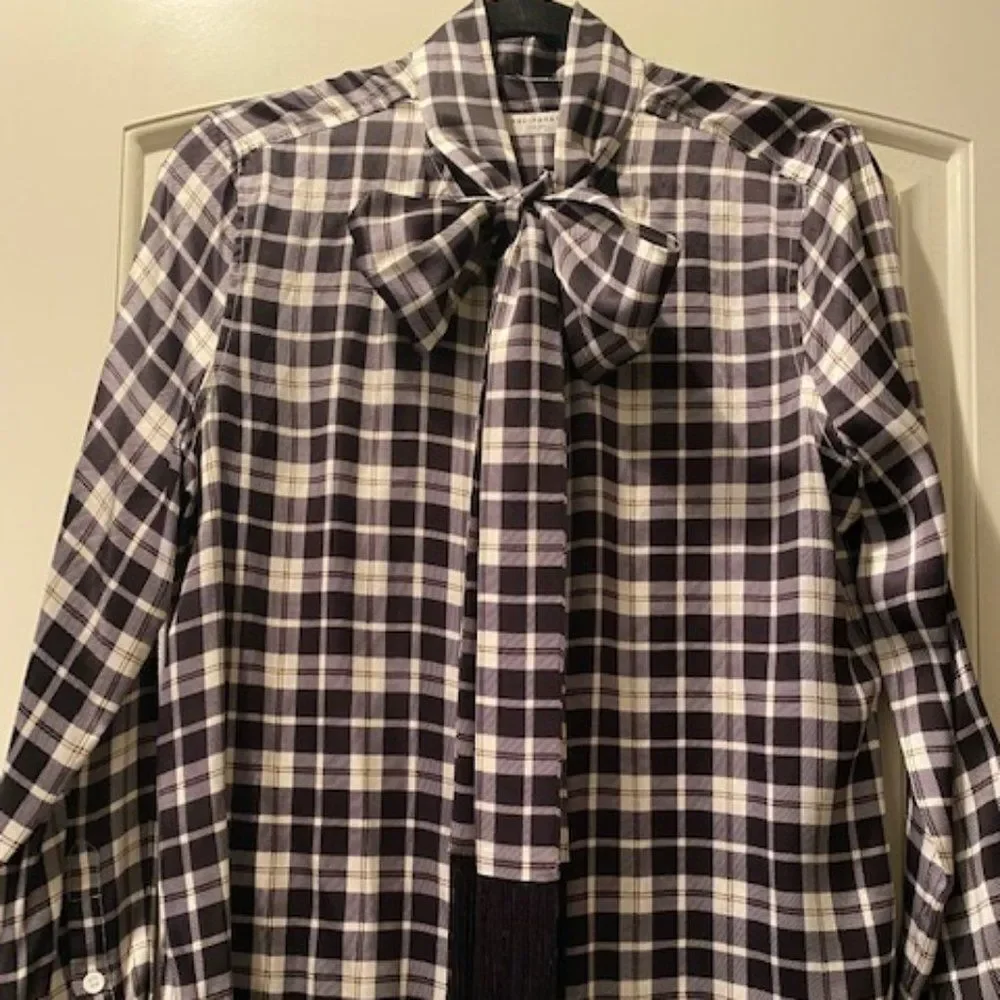 Equipment Plaid 100% Silk Tie Neck Fringe Top M